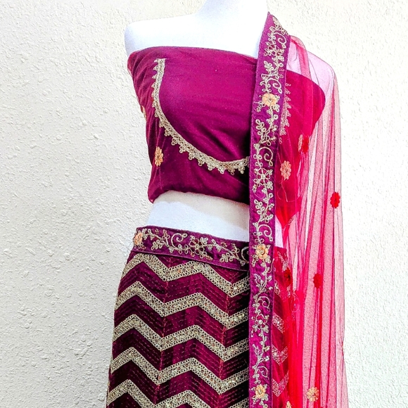 SOLD Burgundy Wedding Sangeet Haldi Lehenga Choli - Picture 2 of 2